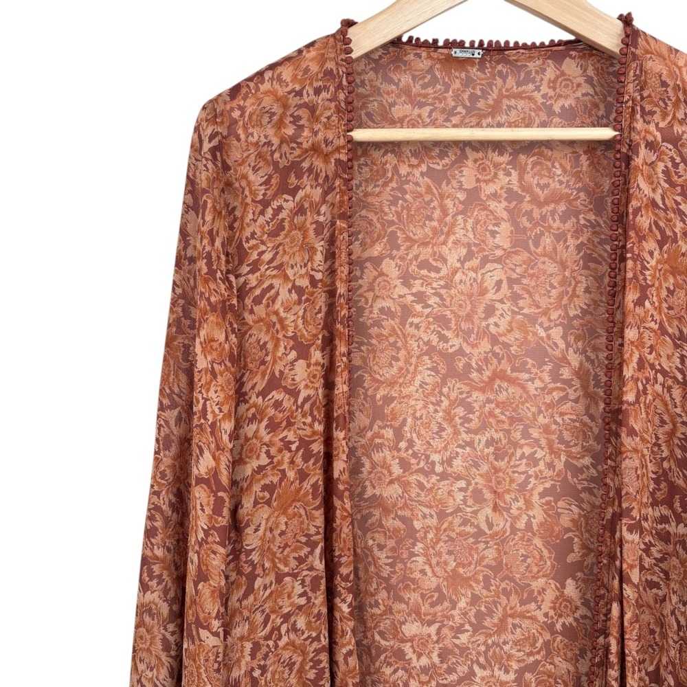 Chan Luu Boho‎ Floral Open Front Kimono Cardigan Ruffle Hem Brown Rust Sz Large - Picture 2 of 12
